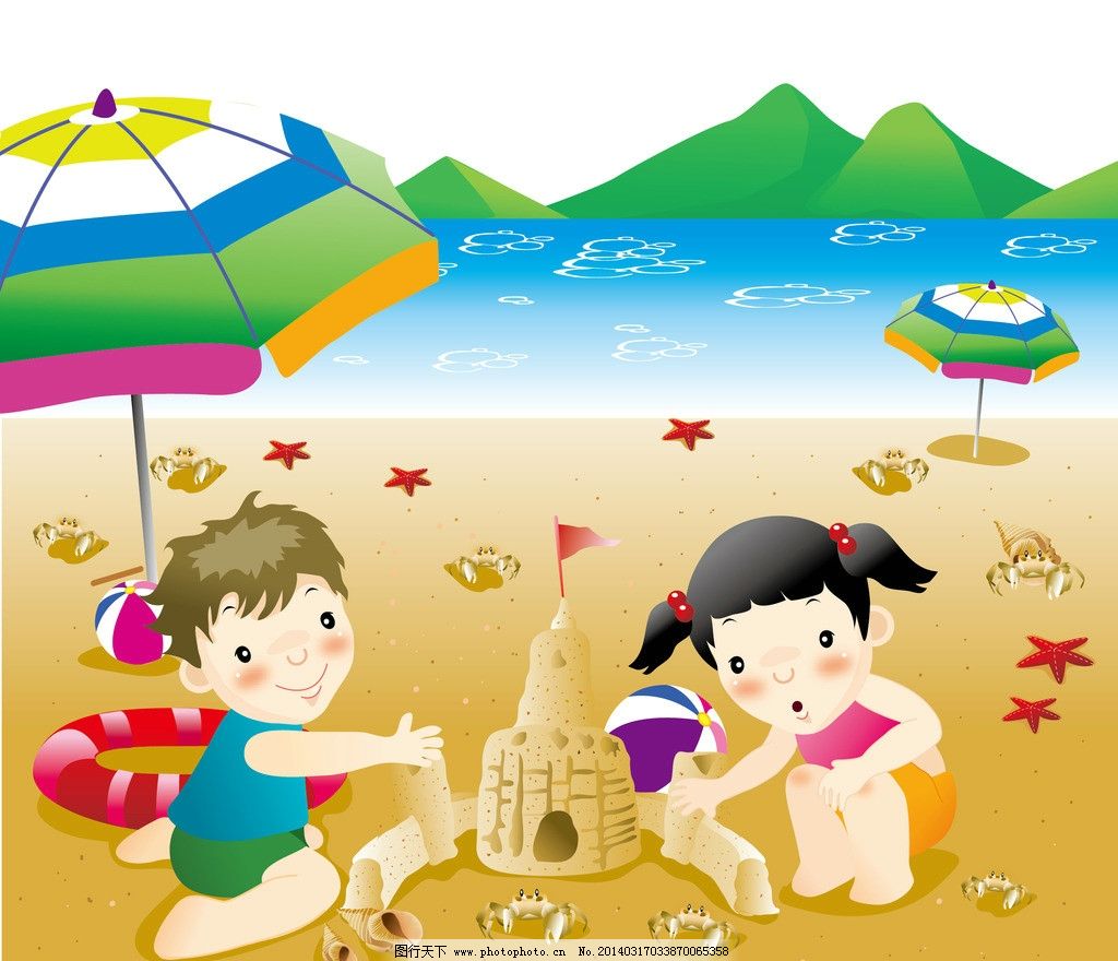 在沙滩玩沙子的小朋友图片